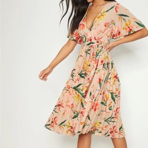 Pink Pleated Floral Midi Dress